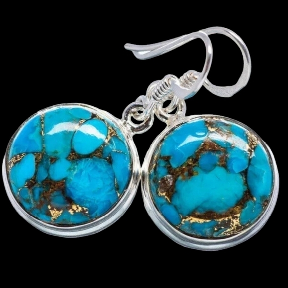 NEW Turquoise look round earrings fish hook 925 silver plated - Picture 3 of 4